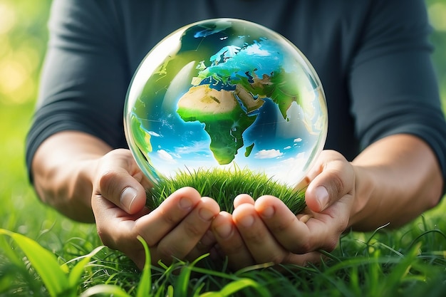 Un hombre con un globo de vidrio concepto día tierra salvar el mundo salvar el medio ambiente el mundo está en la hierba del fondo verde bokeh