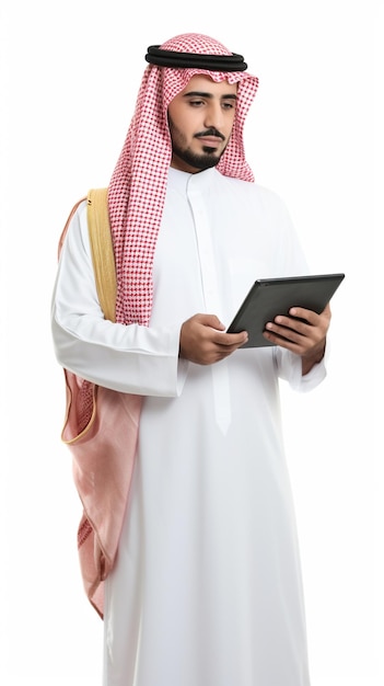 Hombre del Golfo de Arabia Saudita con una tableta en la mano trabajando en condiciones publicitarias