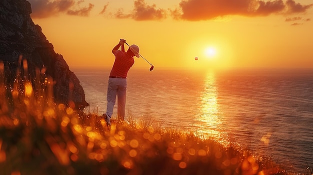 Hombre golpeando una pelota de golf hacia el mar al anochecer el sol poniente se encuentra con el océano en el fondo AI Generative