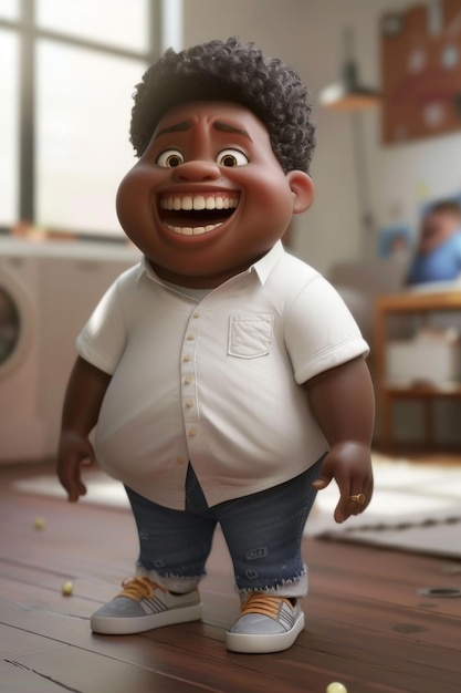 Un hombre gordo afroamericano sonriente con una camisa blanca Ilustración 3D