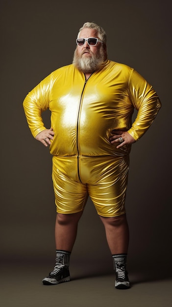 Foto hombre gordo y elegante con gafas y un elegante traje de lentejas doradas.