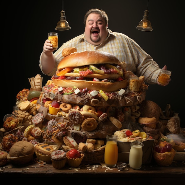 Foto hombre gordo feliz con gran barriga sentado con un montón de comida chatarra