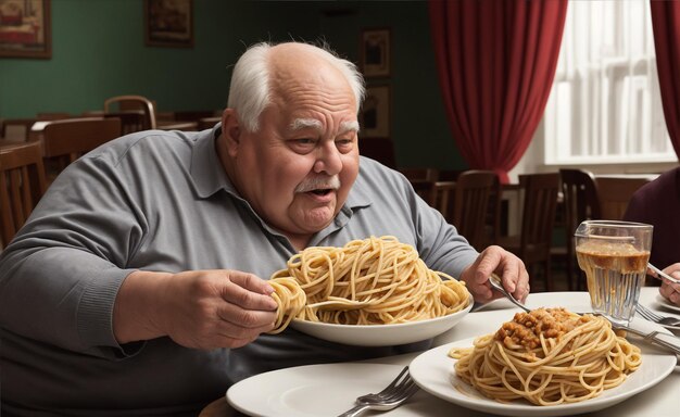 hombre gordo y obeso comiendo espaguetis en el desatyuno o almuerzo