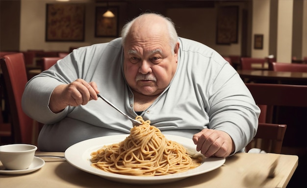 hombre gordo y obeso comiendo espaguetis en el desatyuno o almuerzo