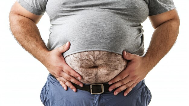 Foto hombre gordo revelando su grasa barriga en un fondo blanco