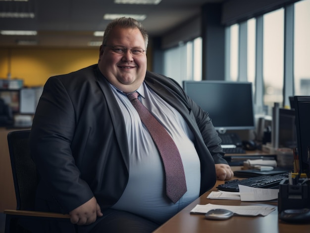 Foto un hombre gordo con traje y corbata sentado en un escritorio