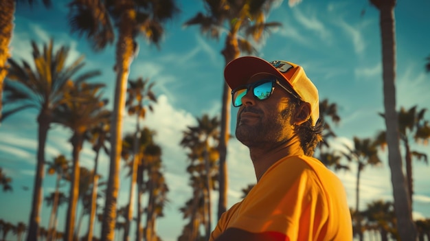 Un hombre con una gorra de béisbol y gafas de sol contra el telón de fondo de las palmeras y la playa Lens distorsión AI generativa