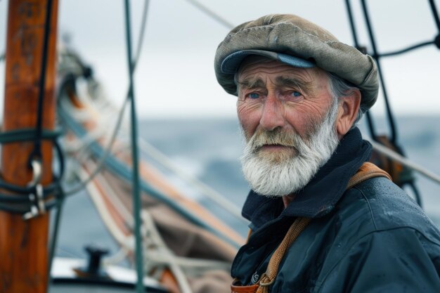 Foto hombre con gorra de capitán barco de pesca