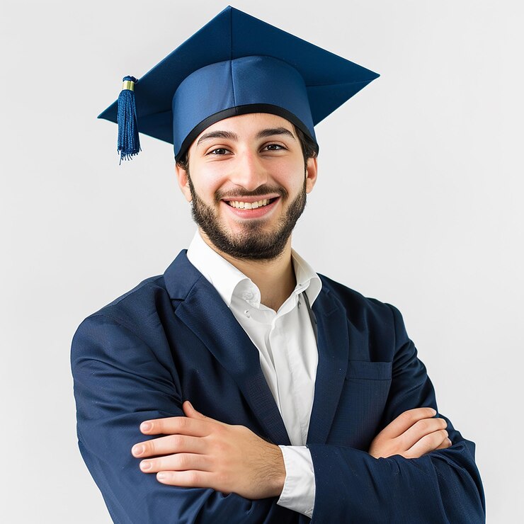 un hombre con una gorra de graduación rosa