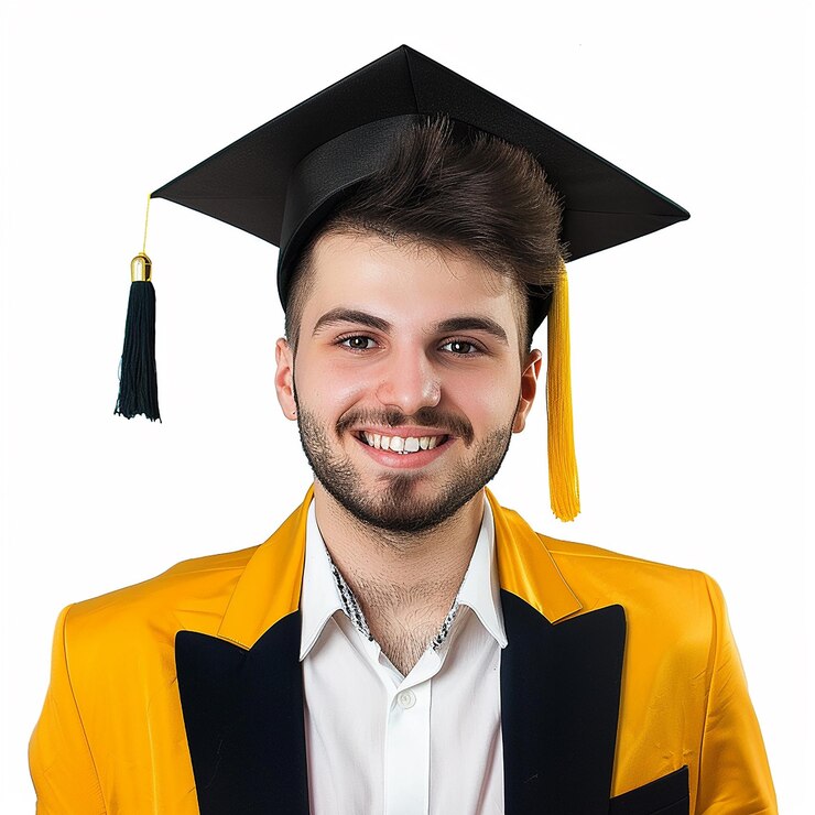 un hombre con una gorra de graduación verde y una bata