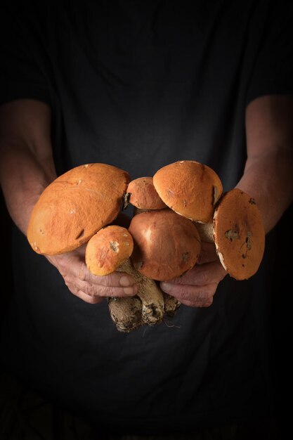 Hombre con una gorra marrón boletus en la mano estilo rústico