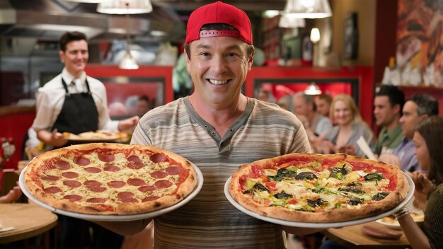 Hombre con gorra roja y dos pizzas