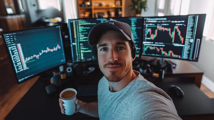 Foto un hombre con una gorra sosteniendo una taza de café y una pantalla de computadora con las palabras gráfico en ella