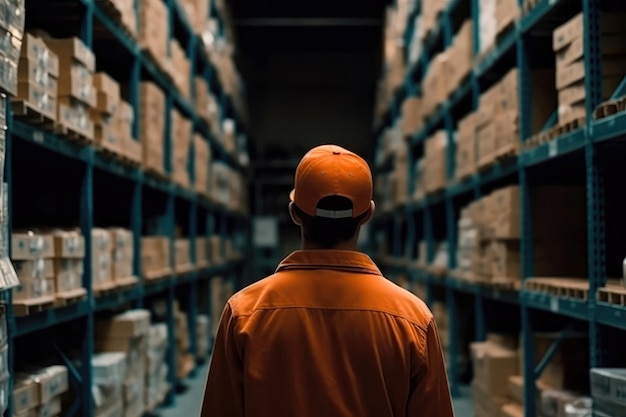 Hombre en gorra de uniforme naranja Camiseta Overol Vista trasera en los estantes de la caja de entrega IA generativa