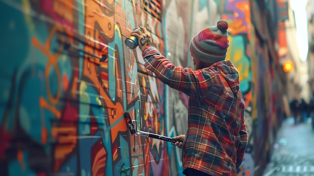 Foto un hombre con un gorro y una camisa a cuadros está pintando un graffiti en una pared de ladrillo el graffiti es colorido y abstracto