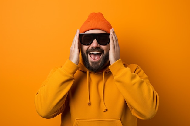 un hombre con un gorro de punto naranja se ríe sobre un fondo naranja