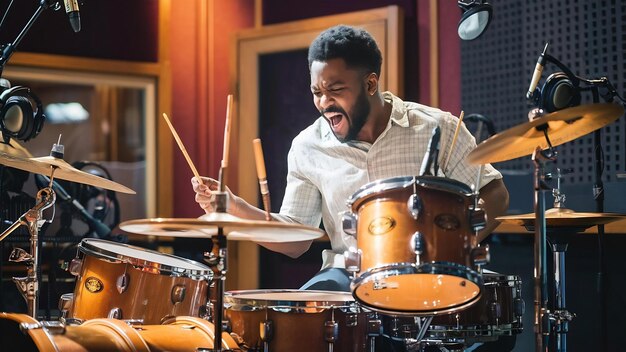 Hombre grabando música en un conjunto de tambores en el estudio