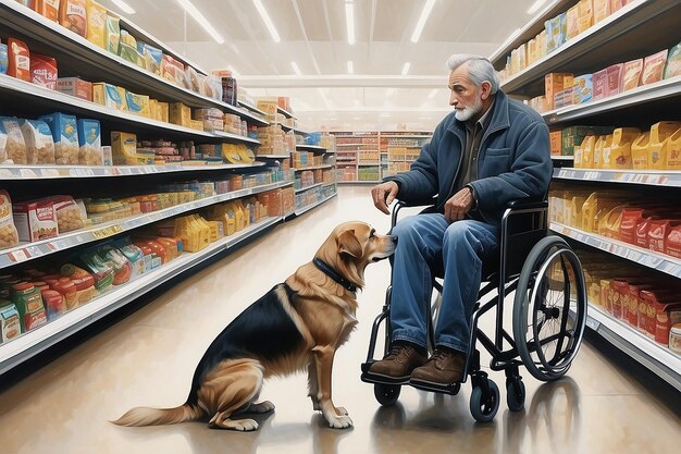Foto un hombre graciosamente resistido en una silla de ruedas acompañado por un leal perro de servicio