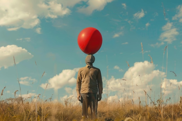 hombre con un gran globo volador en la cabeza concepto surrealista