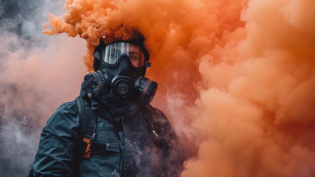 Hombre con granada de humo naranja