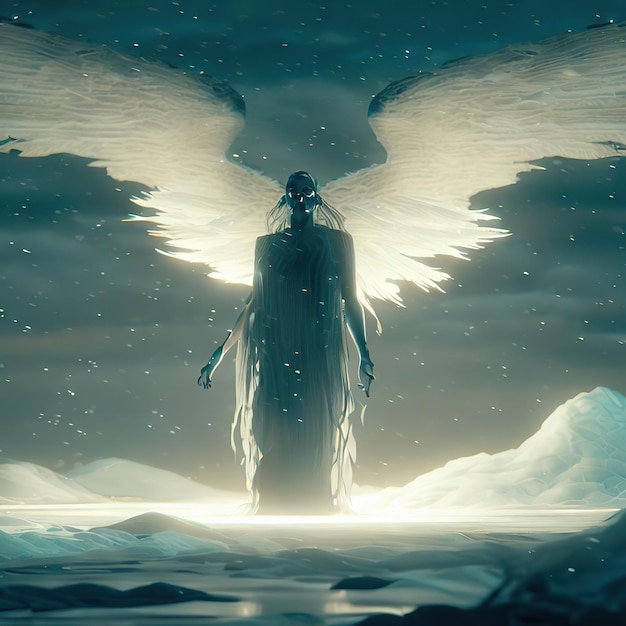 Un hombre con grandes alas de ángel se para en medio de un lago congelado.