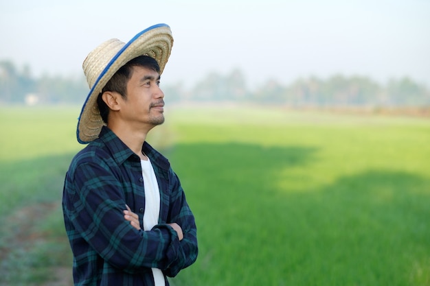 Hombre de granjero asiático con un sombrero de pie y posando con los brazos cruzados en la granja de arroz verde