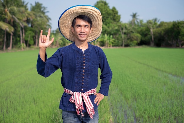 El hombre del granjero asiático usa el traje tradicional de pie y muestra el signo de amor de la mano en la granja de arroz verde