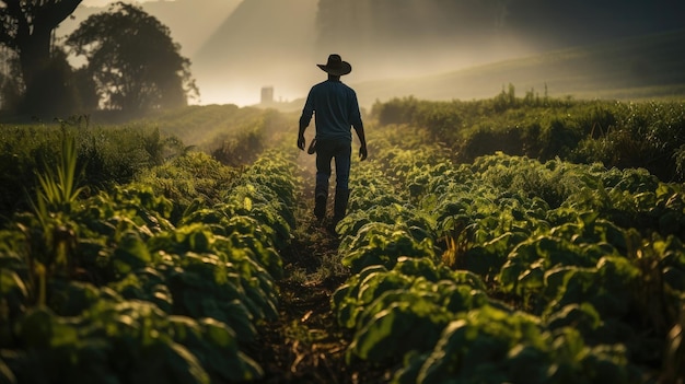 Hombre granjero caminando por el cartel de la plantación verde