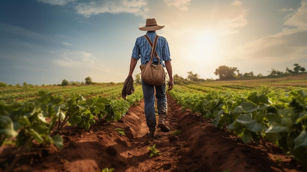 Hombre granjero caminando sobre la plantación en la granja