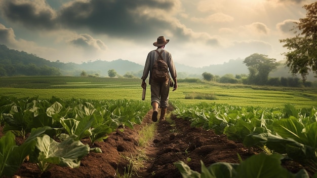 Hombre granjero caminando sobre la plantación en la granja