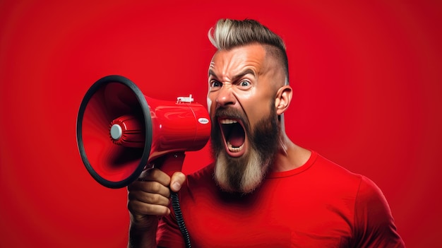 Hombre gritando en un altavoz aislado en fondo rojo