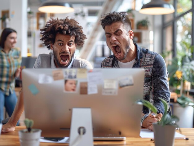 El hombre gritando a la computadora en la oficina