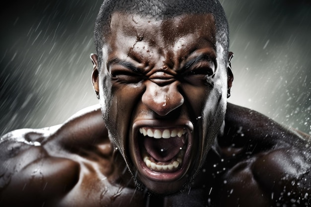 un hombre gritando bajo la lluvia