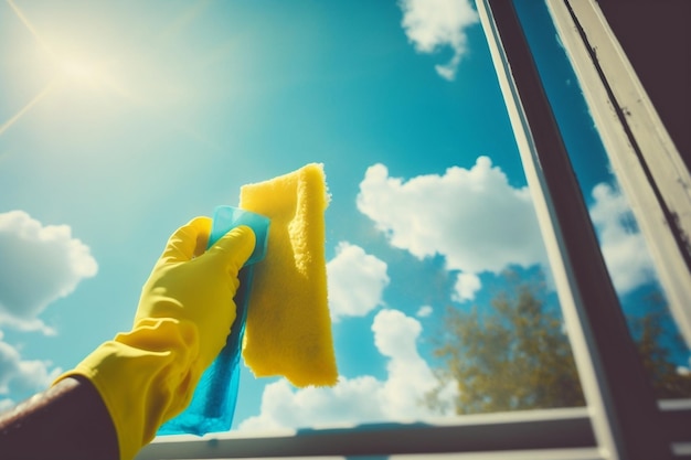 Un hombre con guantes amarillos limpiando una ventana con una escobilla de goma y detergente en aerosol en una terraza Fondo de cielo azul IA generativa