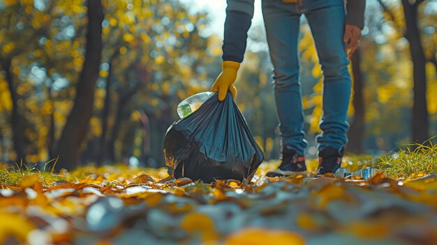Un hombre con guantes es un voluntario que está limpiando el parque recogiendo botellas de plástico y poniéndolas en bolsas de plástico negras
