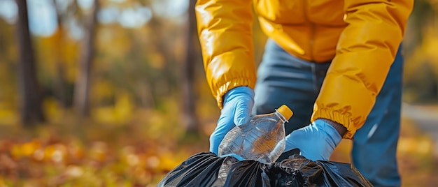 Un hombre con guantes es un voluntario que está limpiando el parque recogiendo botellas de plástico y poniéndolas en bolsas de plástico negras