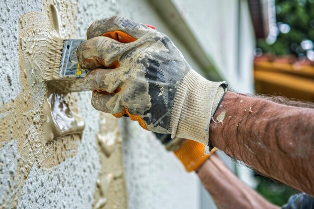 un hombre con guantes pintando una pared