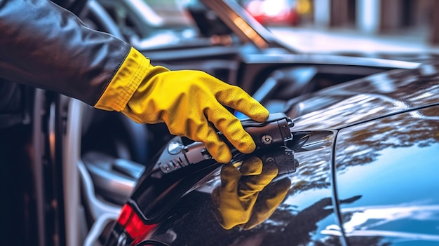 Un hombre con guantes sosteniendo celdas para un coche eléctrico Ai generativo