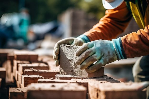 Hombre con guantes sosteniendo una vista de primer plano de ladrillo trabajando en el sitio de construcción