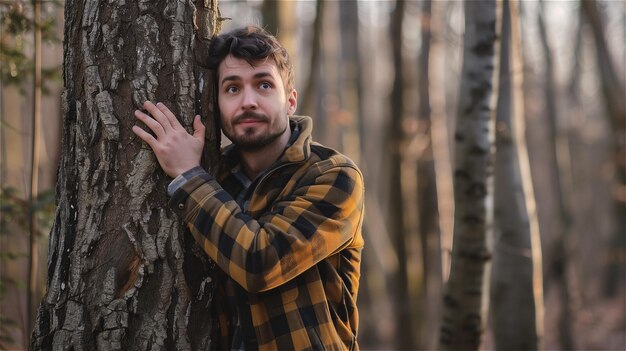 Hombre guapo abrazando un árbol en el bosque