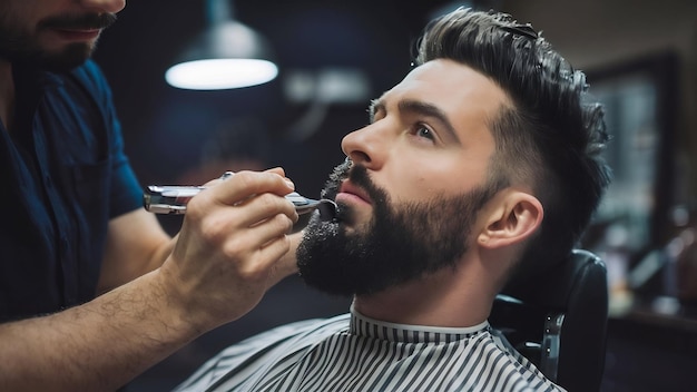 Hombre guapo afeitando la barba en la barbería