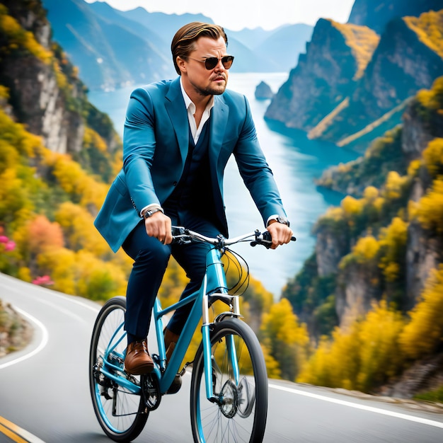 Hombre guapo andar en bicicleta en la carretera Paisaje de montaña