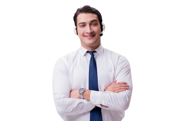 Hombre guapo con auriculares aislado en blanco