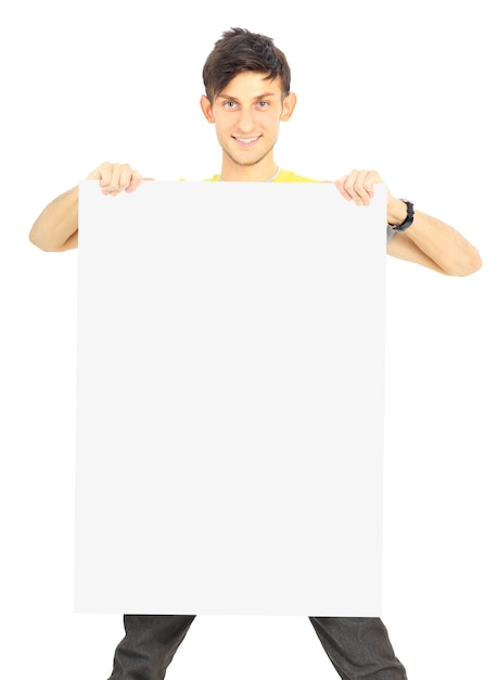 hombre guapo con banner en blanco