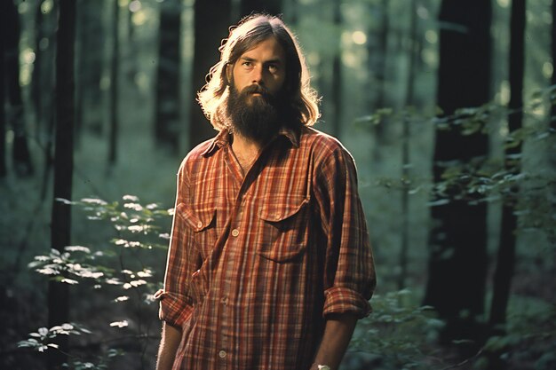 Hombre guapo con barba larga y bigote en camisa a cuadros en el bosque