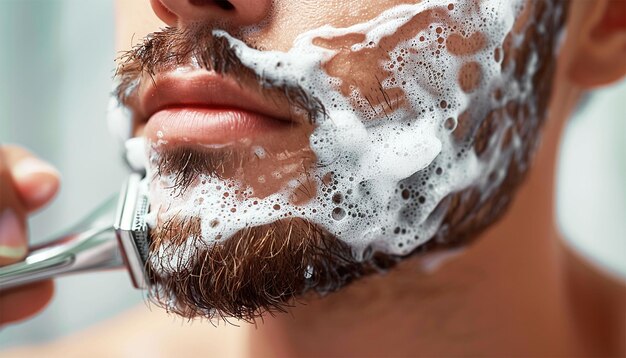 Hombre guapo barbudo afeitándose con una navaja desechable en el baño mirándose en el espejo rutina diaria matutina de belleza higiénica masculina Hombre se afeita la barba y el bigote en primer plano