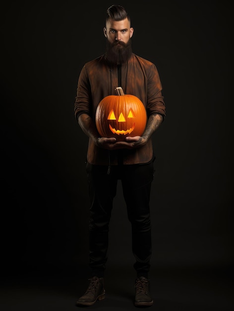 Hombre guapo y barbudo con una calabaza de Halloween sobre un fondo negro