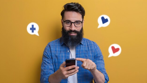 Hombre guapo barbudo hablando contigo y apuntando a la pantalla del teléfono inteligente como sonriendo y diciendo su propia opinión