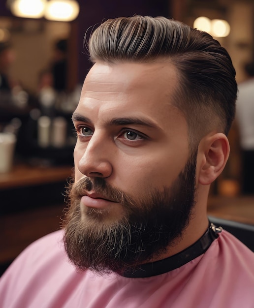 Foto hombre guapo y barbudo en un salón de peluquería barba y peinado masculino en una pelucería