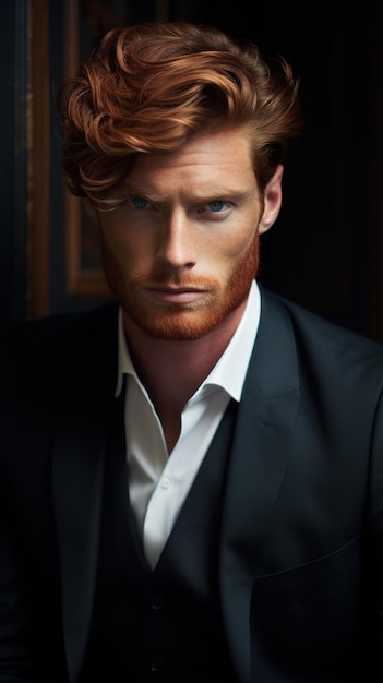 Hombre guapo con cabello rojo y ojos azules posado generado por la IA